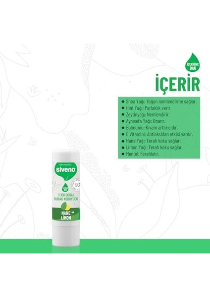 SIVENO%100 Doğal Dudak Koruyucu Nane & Limon Bitkisel Lipbalm Krem Nemlendirici Parlatıcı Onarıcı 6 G fiyatları