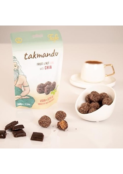 Tafe Takmandu Chia Tohumlu Glutensiz ve Vegan Bitter Çikolata Kaplı Hurma Topu Draje 100G