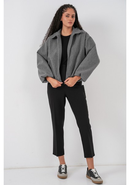 Kadın Büzgülü Oversize Kaşe Ceket 0728 - Gri fiyatları