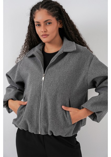Kadın Büzgülü Oversize Kaşe Ceket 0728 - Gri modelleri