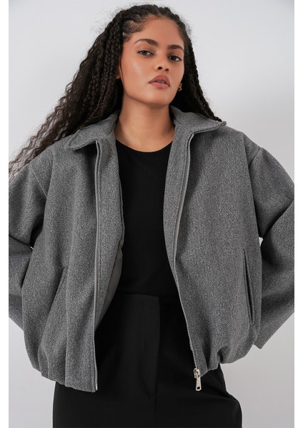 Kadın Büzgülü Oversize Kaşe Ceket 0728 - Gri fırsatları