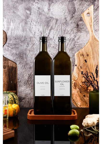 1litre Ahşap Stantlı Yağ Yeşili White Serisi Zeytinyağı Şişesi Ayçiçek Yağı Şişesi Set