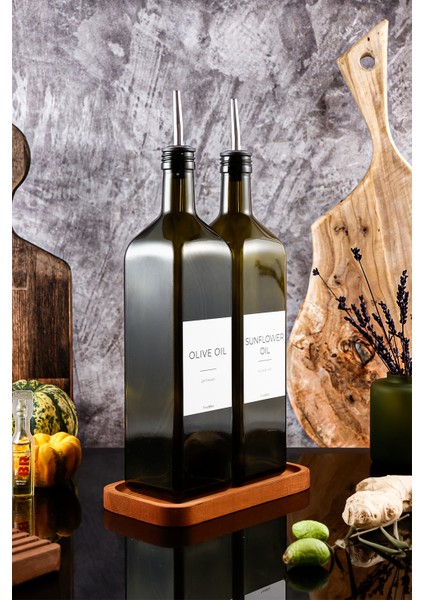 1litre Ahşap Stantlı Yağ Yeşili White Serisi Zeytinyağı Şişesi Ayçiçek Yağı Şişesi Set fiyatları