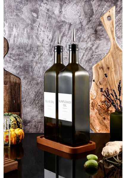 1litre Ahşap Stantlı Yağ Yeşili White Serisi Zeytinyağı Şişesi Ayçiçek Yağı Şişesi Set modelleri