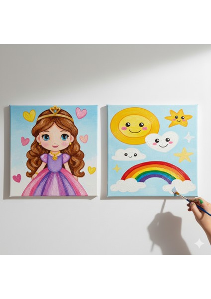 TATİL-KARNE HEDİYESİ 2'li Tuval Boyama Seti 20X20 cm Uv Baskı 6 Akrilik Boya 1 FIRÇA-MODEL-322