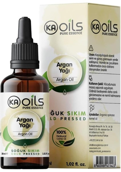Kaoils Argan Yağı 30 ml | Argania Spinosa Kernel Oil | Soğuk SIKIM%100 Doğal Taşıyıcı Yağ | Saç ve Cilt Bakımı Için Onarıcı Besleyici