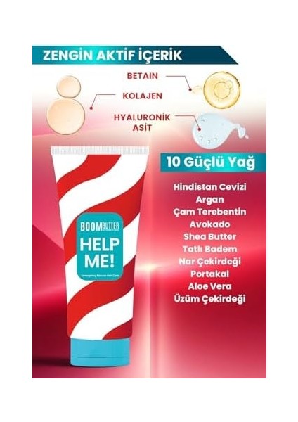 Boom Butter Help Me Acil Kurtarma Toniği, Yoğun Onarıcı & Besleyici Bakım, Kurumuş & Yıpranmış Saçlar Için, Bitkisel Yağ Kompleksi, 175 ml modelleri