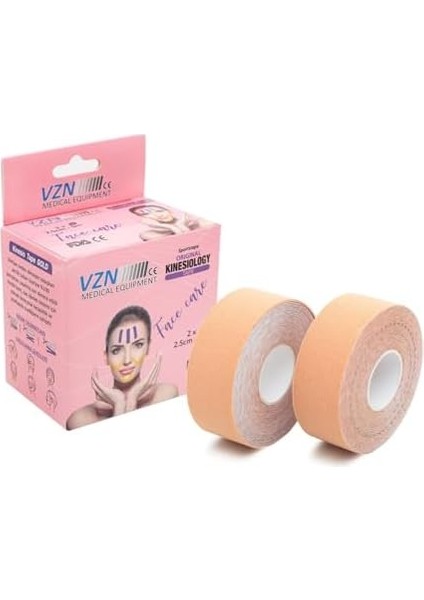 Vzn Facetape Yüz Germe ve Kırışıklık Rehabilitasyon Bandı | Hipoalerjenik |%100 Pamuk | 2 Adet | 2,5 cm x 5 M