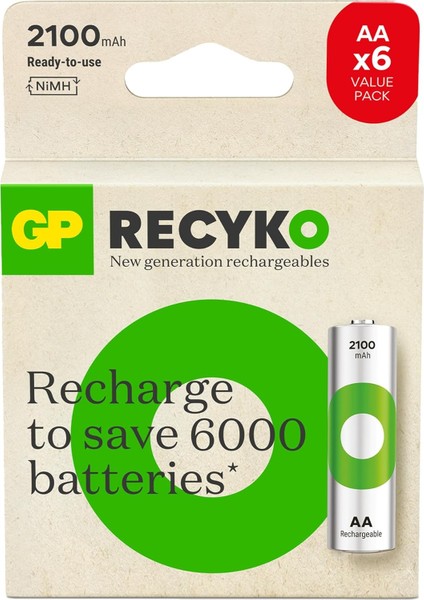 Gp Batteries Recyko 2100 Aa Kalem Ni-Mh Şarjlı Pil, 1.2 Volt, 6'lı Kart