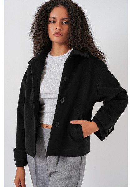 Kadın Cepli Kruvaze Uzun Kollu Kısa Kaşe Ceket 0724 - Siyah modelleri