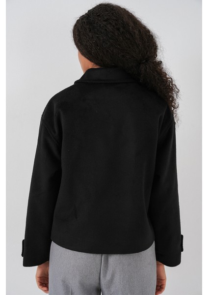 Kadın Cepli Kruvaze Uzun Kollu Kısa Kaşe Ceket 0724 - Siyah indirimleri