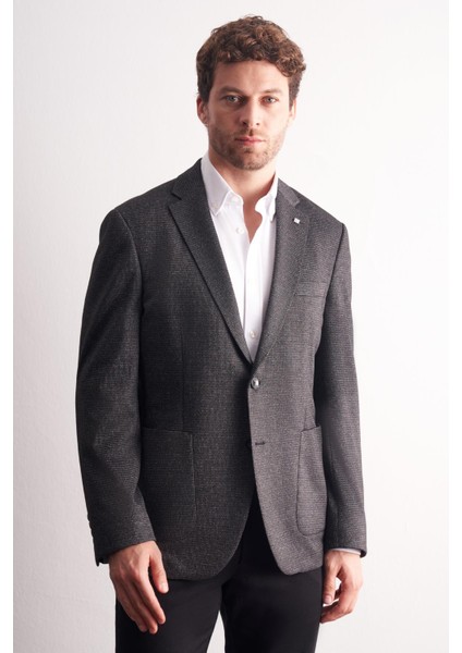 Siyah Mono Yaka Kendinden Desenli Esnek 6 Drop Comfort Fit Classic Ceket 1002255155