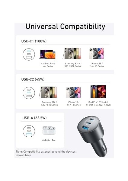 167.5 W Araç Şarjı 3 Port + 1 M Type-C Kablo, B2737 fiyatları