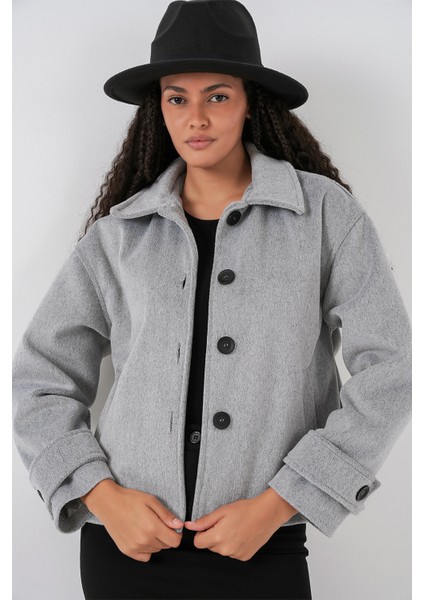 Kadın Cepli Kruvaze Uzun Kollu Kısa Kaşe Ceket 0724 - Gri