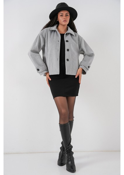 Kadın Cepli Kruvaze Uzun Kollu Kısa Kaşe Ceket 0724 - Gri fiyatları