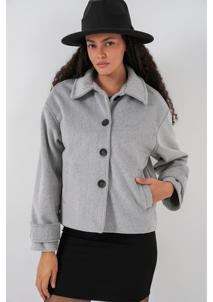 Kadın Cepli Kruvaze Uzun Kollu Kısa Kaşe Ceket 0724 - Gri modelleri