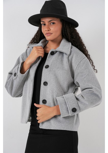 Kadın Cepli Kruvaze Uzun Kollu Kısa Kaşe Ceket 0724 - Gri fırsatları