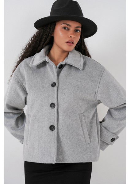 Kadın Cepli Kruvaze Uzun Kollu Kısa Kaşe Ceket 0724 - Gri indirimleri