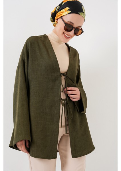 Keten Tesettür Kimono 5968 - Haki fırsatları