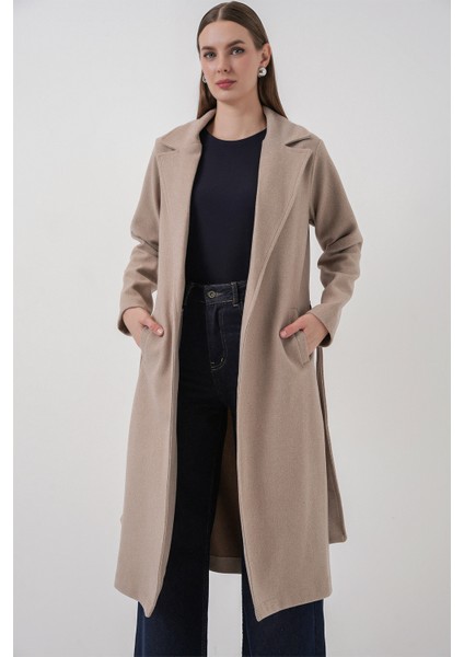 9118 Kruvaze Yaka Kaşe Kaban - A.bej modelleri