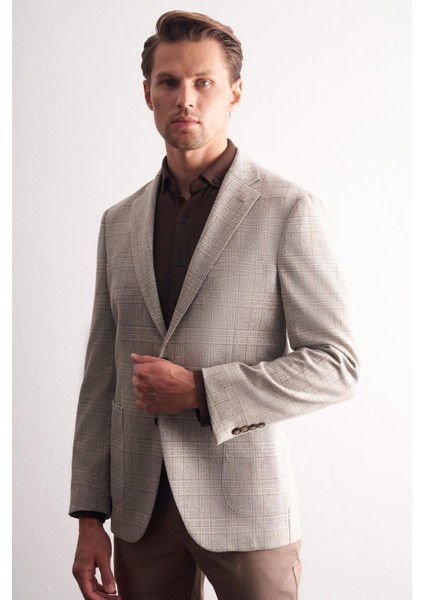 Taş Rengi Mono Yaka Ekose Desen Pamuklu 6 Drop Comfort Fit Classic Ceket 1002255152 modelleri