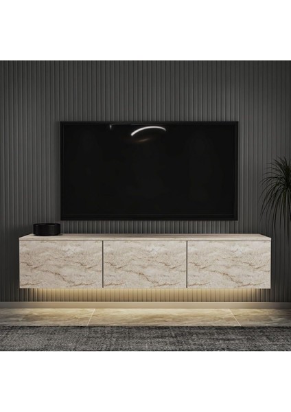 LED Işıklı Duvara Monte,3 Kapaklı Tv Ünitesi,tv Sehpası Traverten