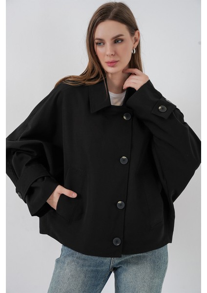 Kadın Oversize Kısa Trençkot 5977 - Siyah