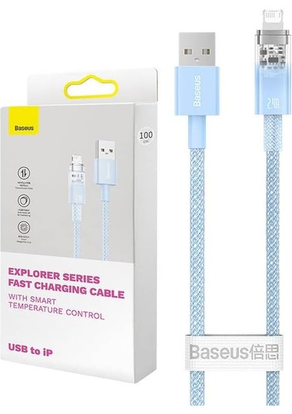Explorer Serisi Hızlı Şarj Kablosu Akıllı Kontrolü USB To Ip 2.4A, 2m, Mavi