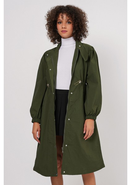 5939 Astarlı Uzun Trençkot - Haki