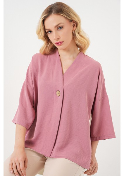 Kadın Kısa Kol Oversize Kimono 5969 - Gül Kurusu