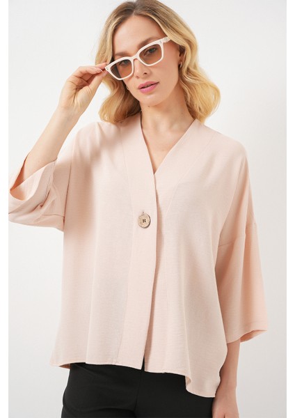 Kadın Kısa Kol Oversize Kimono 5969 - Krem