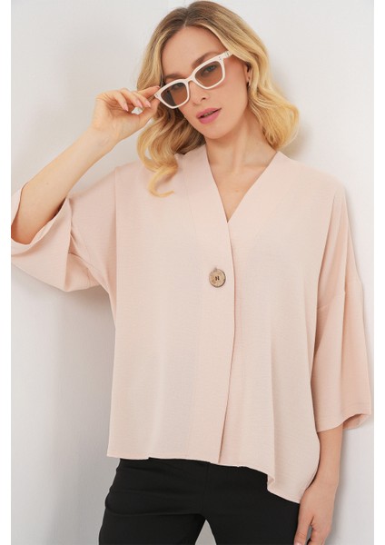 Kadın Kısa Kol Oversize Kimono 5969 - Krem modelleri