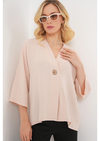 Kadın Kısa Kol Oversize Kimono 5969 - Krem fırsatları