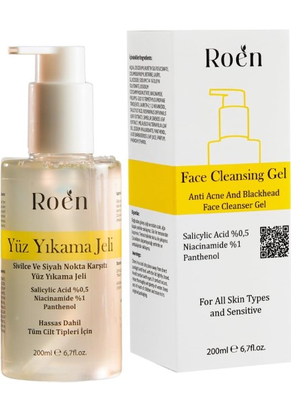 Roen Yüz Temizleme Jeli, Sivilce ve Siyah Nokta Karşıtı, Salisilik Asit ve Panthenol Içerikli, 200ML