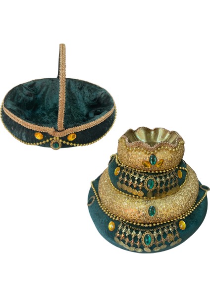 Lüks Kadife Osmanlı Kına Sepeti Takımı- Yeşil