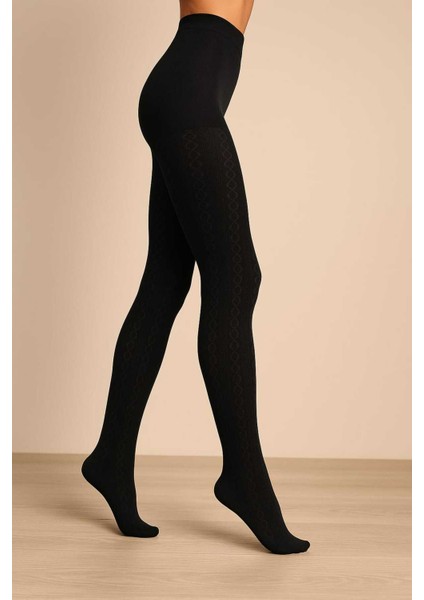 Triko Kümaş Kendinden Desenli Kalın Kışlık Kadın Siyah Karina Külotlu Çorap -Cotton Desenli Çorabı