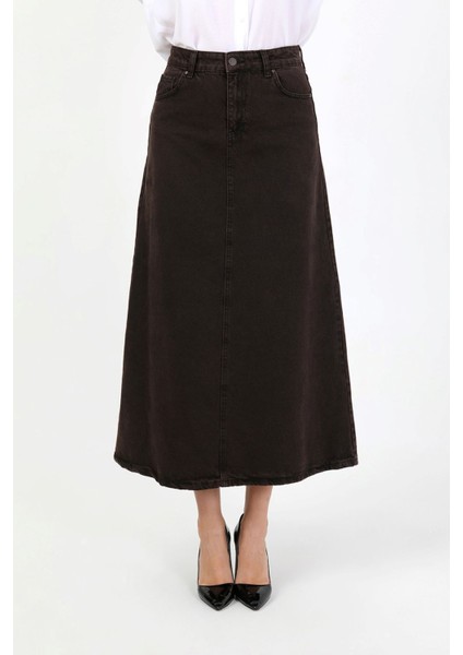 Yüksek Bel A Kesim Denim Etek Kahverengi