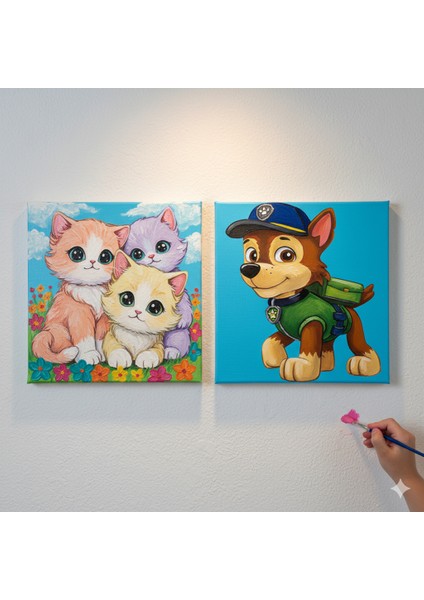 TATİL-KARNE HEDİYESİ 2'li Tuval Boyama Seti 20X20 cm Uv Baskı 6 Akrilik Boya 1 FIRÇA-MODEL-402