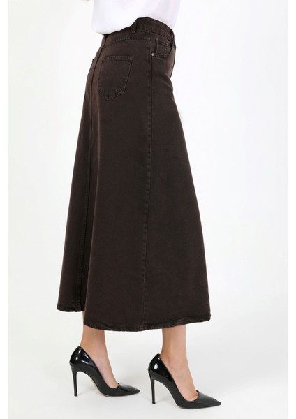 Yüksek Bel A Kesim Denim Etek Kahverengi fiyatları