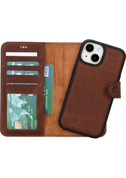 Apple iPhone 15 Uyumlu Deri Cüzdanlı Kılıf Mwwn G2 Kahve