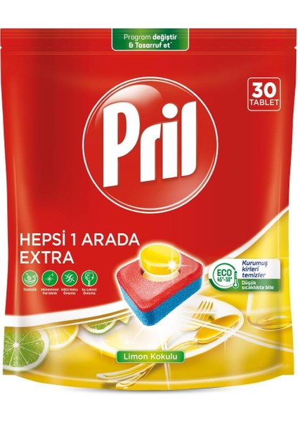 Pril Hepsi Bir Arada Extra Tablet Bulaşık Deterjanı 30 Yıkama (1 x 30 Tablet) modelleri