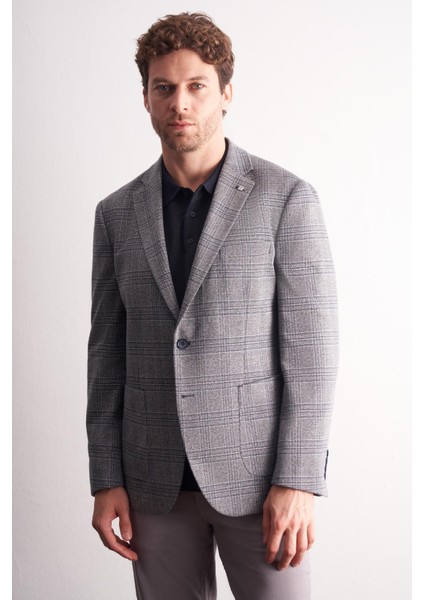 Lacivert Mono Yaka Ekose Desen Pamuklu 6 Drop Comfort Fit Classic Ceket 1002255152