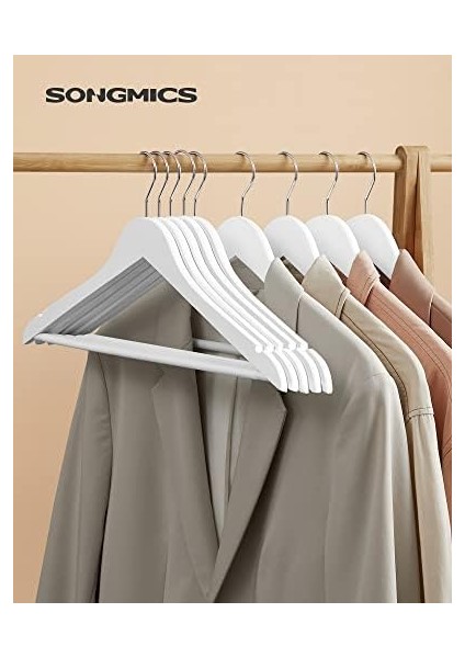 Ahşap Askıları, 10'lu Set, Masif Ahşaptan Askıları, Ceket Askıları, Omuz Bölgesinde Çentikler, Kaymaz, Ceketler, Gömlekler, 360° Döndürülebilen Kancalar Için, Beyaz CRW03W10 modelleri