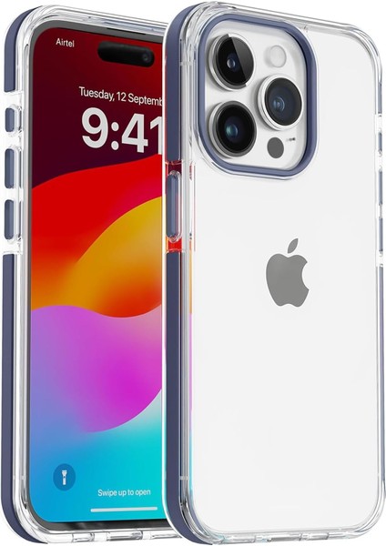 15 Pro Max Için Serisi Arkası Şeffaf Polikarbonat Kenarları Silikon Kamera Lens Çerçevesi ve Tuşları Metal Yüksek Kalite Şeffaf Silikon Kılıf (Mavi, Dropcover)