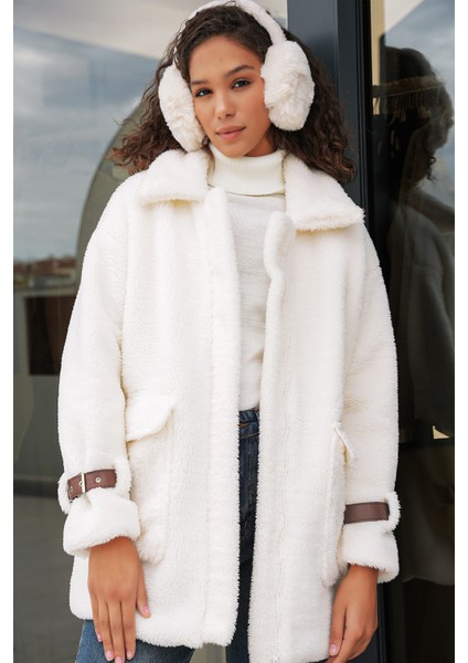5206 Kadın Oversize Peluş Mont - Taba