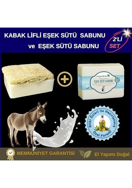 Organicsun 2'li Set Doğal Kabak Lifli Eşek Sütü Sabunu ve Lifsiz Eşek Sütü Sabunu fiyatları