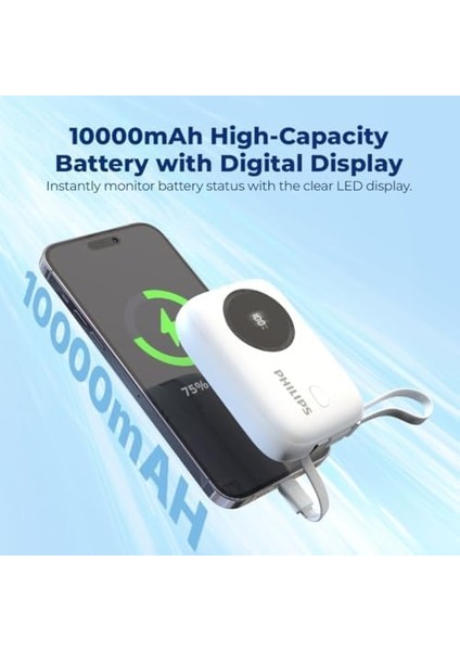 DLP8722 Dahili Kablolu Powerbank, 10000 Mah, Dahili Type-C ve Lightning Kablo, Dijital Ekran, 3.6V, Akım Korumalı, Aşırı Şarj Korumalı, 182G (Beyaz) fiyatları