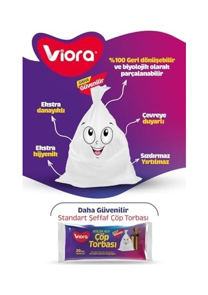 Viora Standart Mini Boy Çöp Poşeti 40CM*50CM 4 Paket 120 Adet, Daha Güçlü, Dayanıklı ve Hijyenik Kokusuz Standart Mini Boy Çöp Torbası, 4 Paket 120 Adet