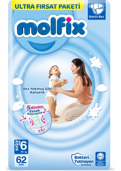 Molfix Ultra Fırsat Paketi Extra Large 6 Beden Bebek Bezi (1 x 62 Adet), Çok Renkli fiyatları