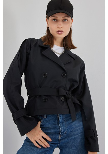 Kadın Kemerli Kısa Trençkot 5970 - Siyah modelleri